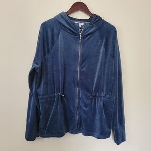Nine West Blue Velour Zip-Up Hoodie Spring Soft Everyday Lounge Drawstring Waist